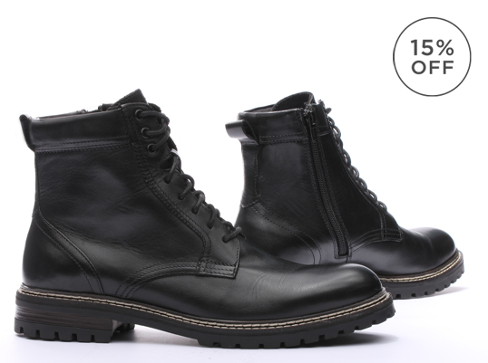 Crevo mens casual Black Boot with Side zipper for easy on off Image of Crevo mens Rupert Boot w/ black rubber outsole lace up conetruction 15% off